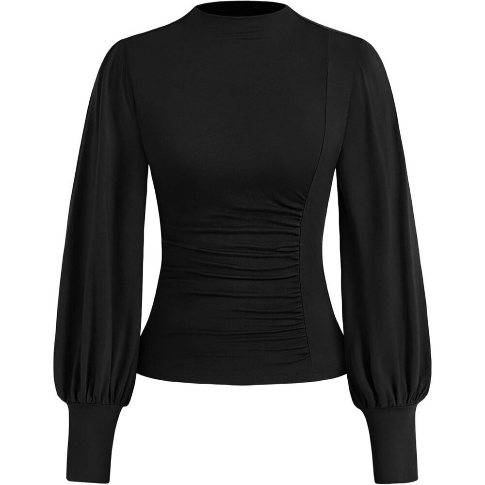 Women;s Puff Sleeve Blouse Viscose Elastane Fitted Mock Neck Casual